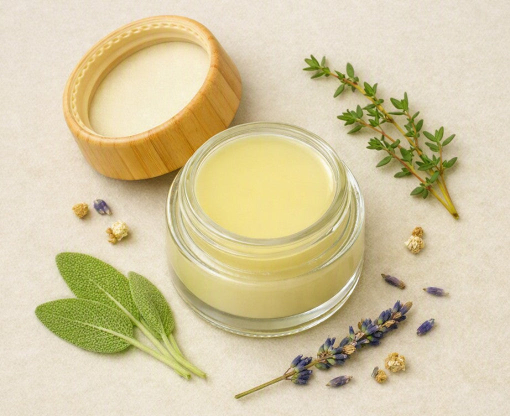 Balm Dot Calm 5g salve jar filled with pale yellow balm sits on a light beige surface, with its bamboo lid placed beside it. Fresh green leaves, lavender sprigs, and small dried botanicals are arranged around the product.