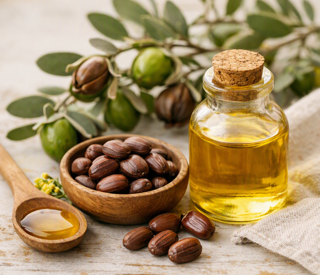  Close‑up of golden jojoba oil in a small ceramic dish with jojoba seeds and soft botanical elements arranged on a neutral linen background, creating a warm, natural skincare aesthetic.