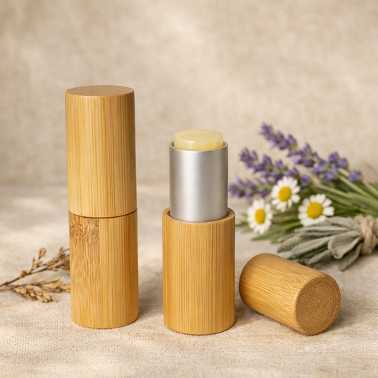 Balm Dot Calm's Calm Kiss Balm — natural botanical lip balm in a bamboo tube on a soft neutral background with lavender and chamomile.