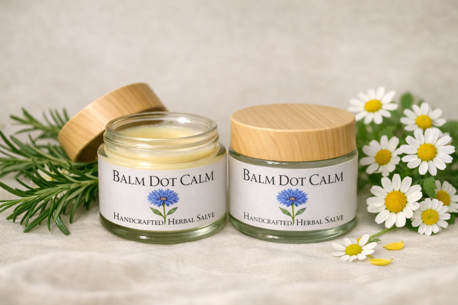 Two Balm Dot Calm herbal salve jars with bamboo lids displayed on neutral fabric with green leaves and yellow calendula petals.