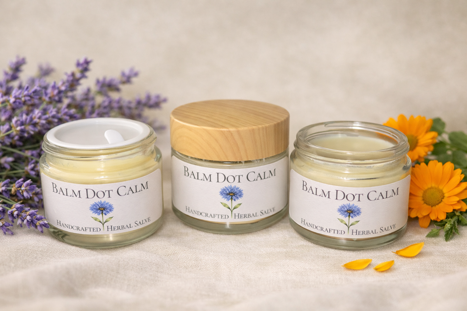 Three Balm Dot Calm herbal salve jars with bamboo lids arranged on neutral fabric with green leaves, lavender, and yellow calendula petals.