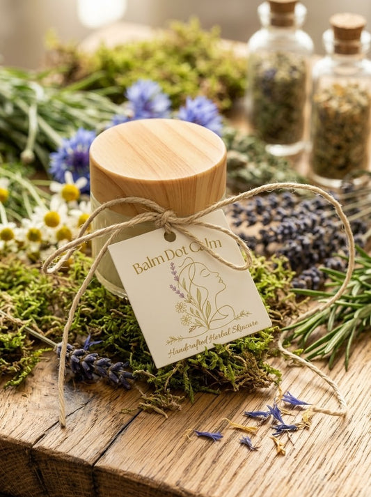 Jar of handcrafted herbal skincare with a wooden lid and a custom Balm Dot Calm tag, surrounded by lavender, chamomile, rosemary, and dried botanicals on a rustic wooden surface.