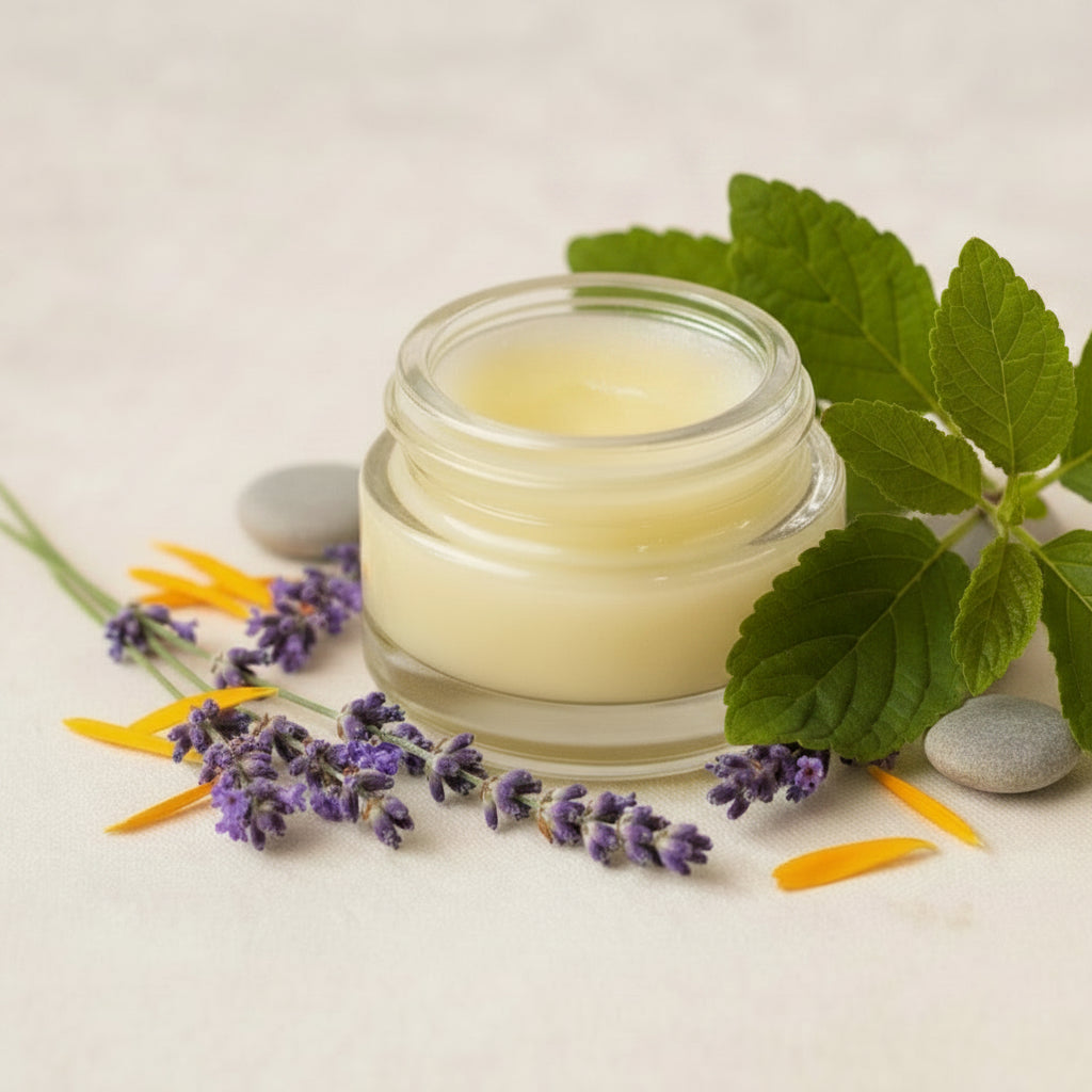 Balm Dot Calm small herbal salve in a clear glass jar, surrounded by sage leaves, thyme sprig, and dried lavender on a soft beige background.